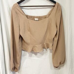 Altar'd State Long Sleeve Cropped Blouse Womens Size Medium Tan Peplum Ruffle